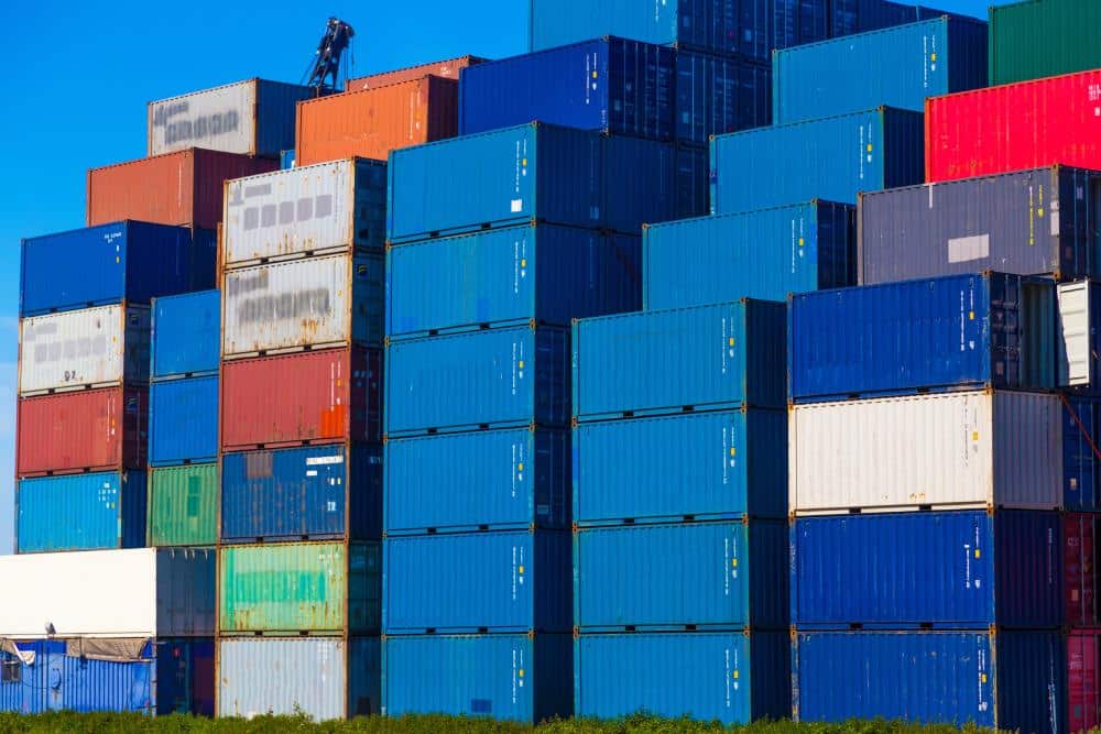 Intermodal containers stacked high in a port